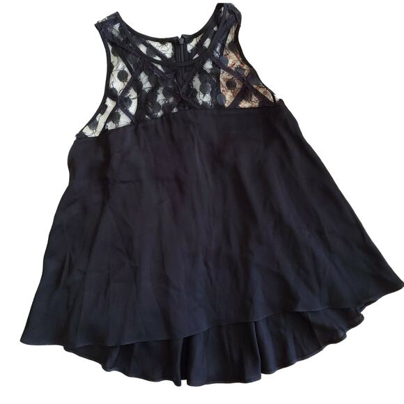 Milly Tops - MILLY Illusion lace stretch silk trapeze top swing high low black blouse S NEW